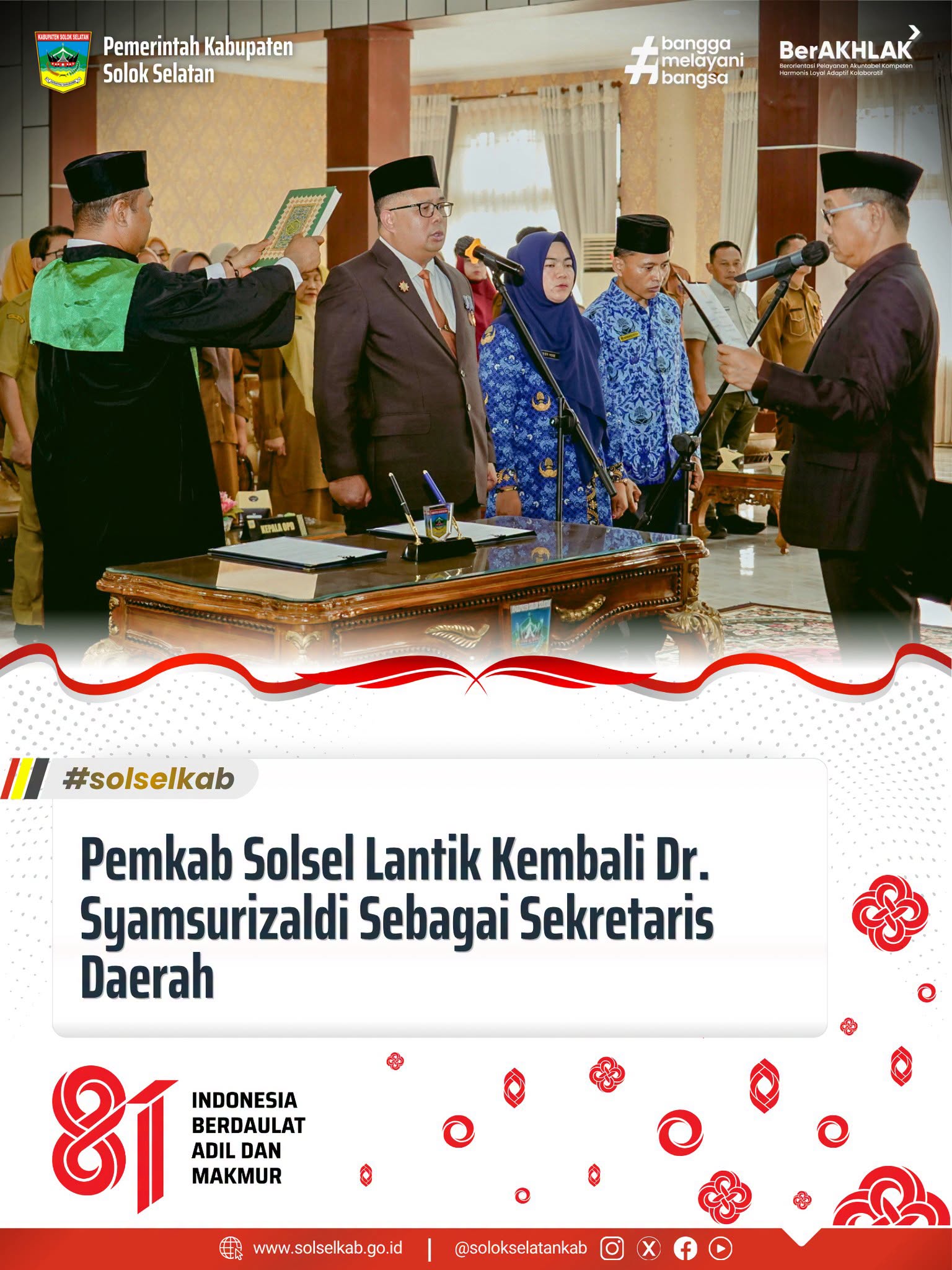Pemkab Solsel Lantik Kembali Dr. Syamsurizaldi Sebagai Sekretaris Daerah